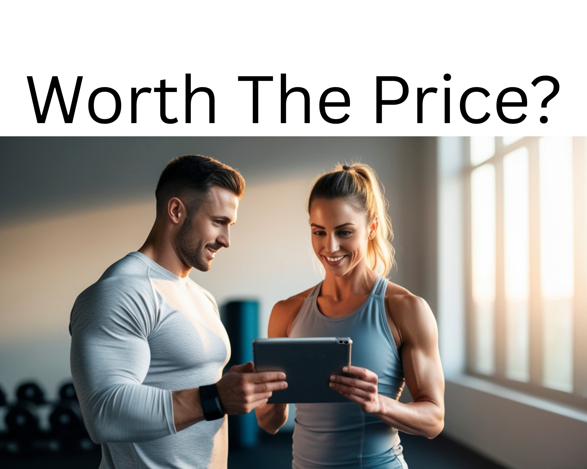 Personal trainer and client reviewing workout progress on a tablet in a bright gym setting, with the text 'Worth The Price?' above them — illustrating the value discussion around personal training