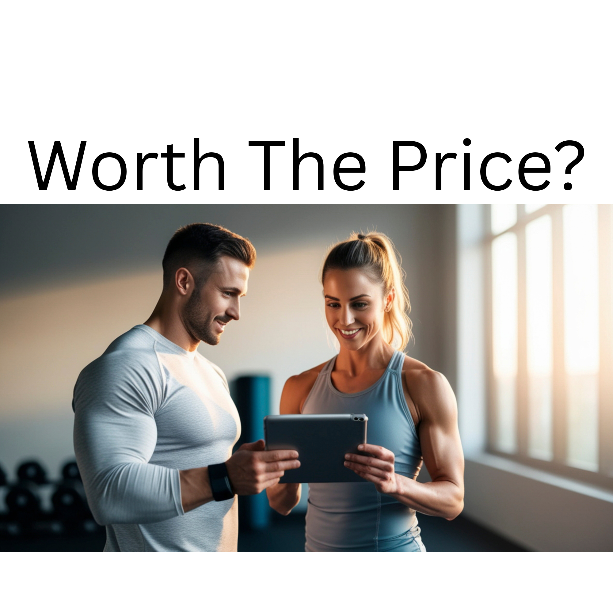Personal trainer and client reviewing workout progress on a tablet in a bright gym setting, with the text 'Worth The Price?' above them — illustrating the value discussion around personal training