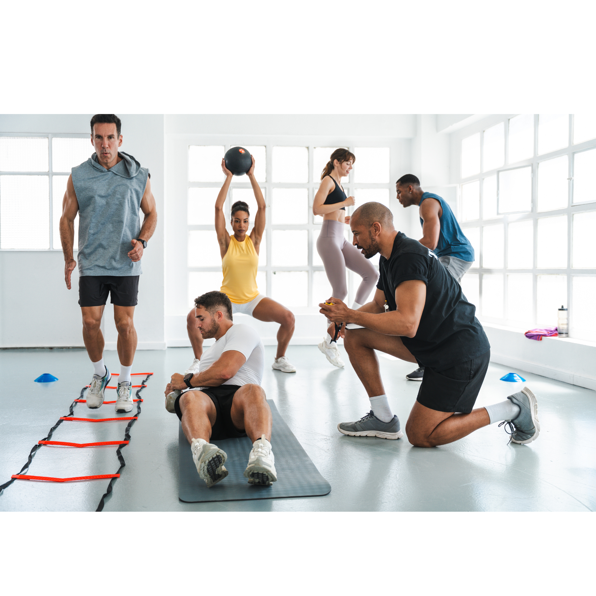 Personal trainer guiding a diverse group of beginners through a circuit workout in a bright fitness studio, demonstrating various exercises including agility drills, medicine ball squats, and core training.