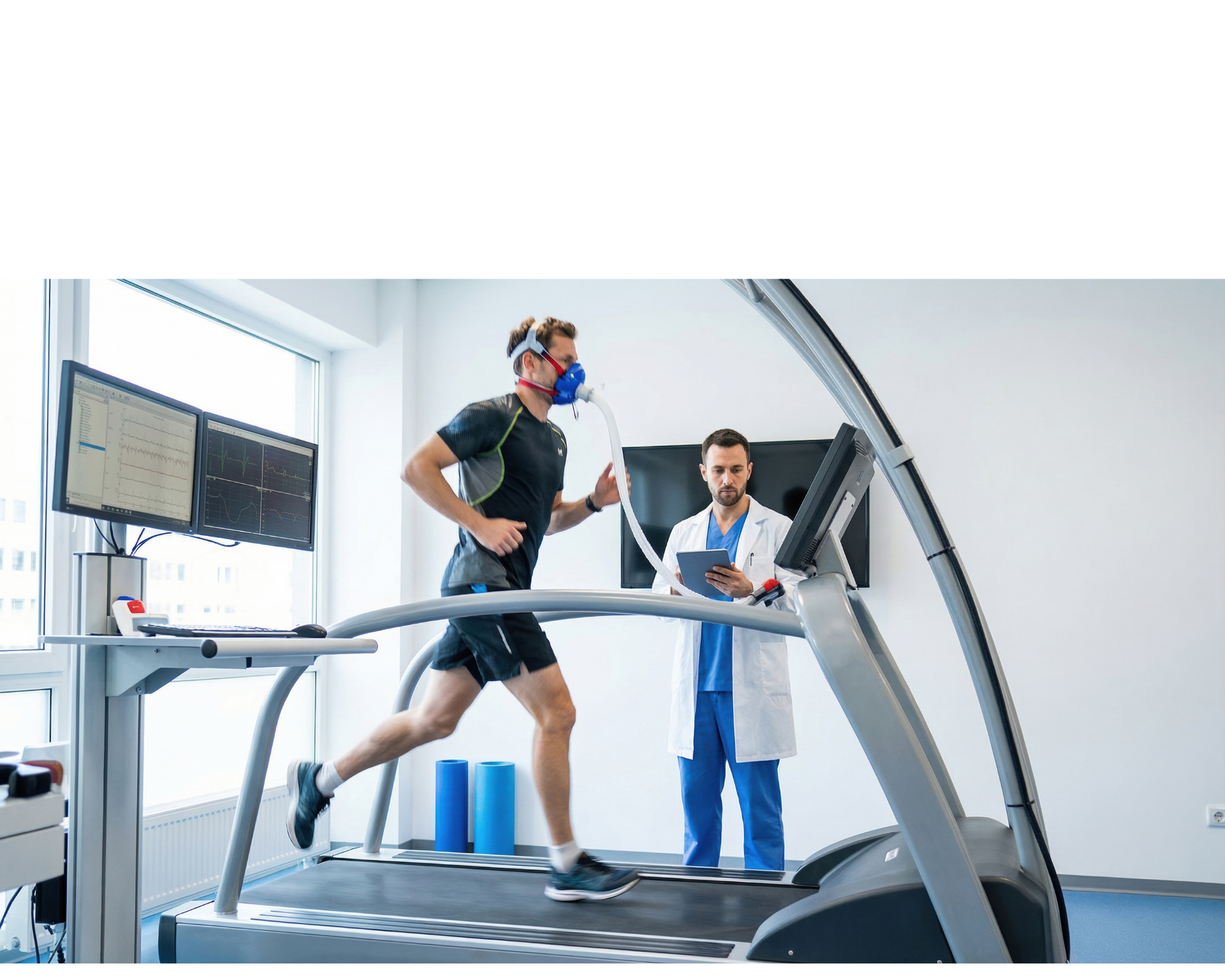 Exercise physiologist conducting a VO2 max test on a male athlete running on a treadmill, with lab equipment and monitors tracking physiological data in a clinical setting.