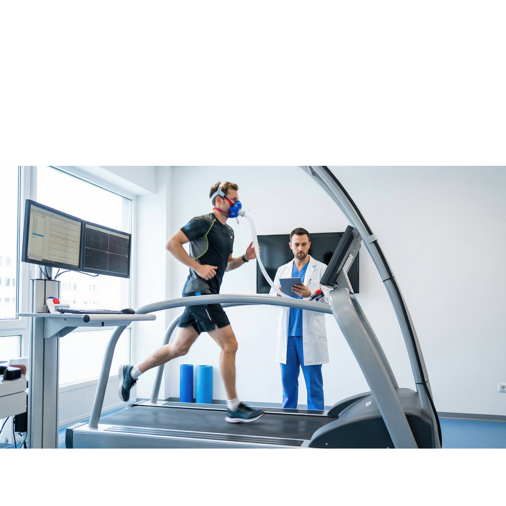 Exercise physiologist conducting a VO2 max test on a male athlete running on a treadmill, with lab equipment and monitors tracking physiological data in a clinical setting.