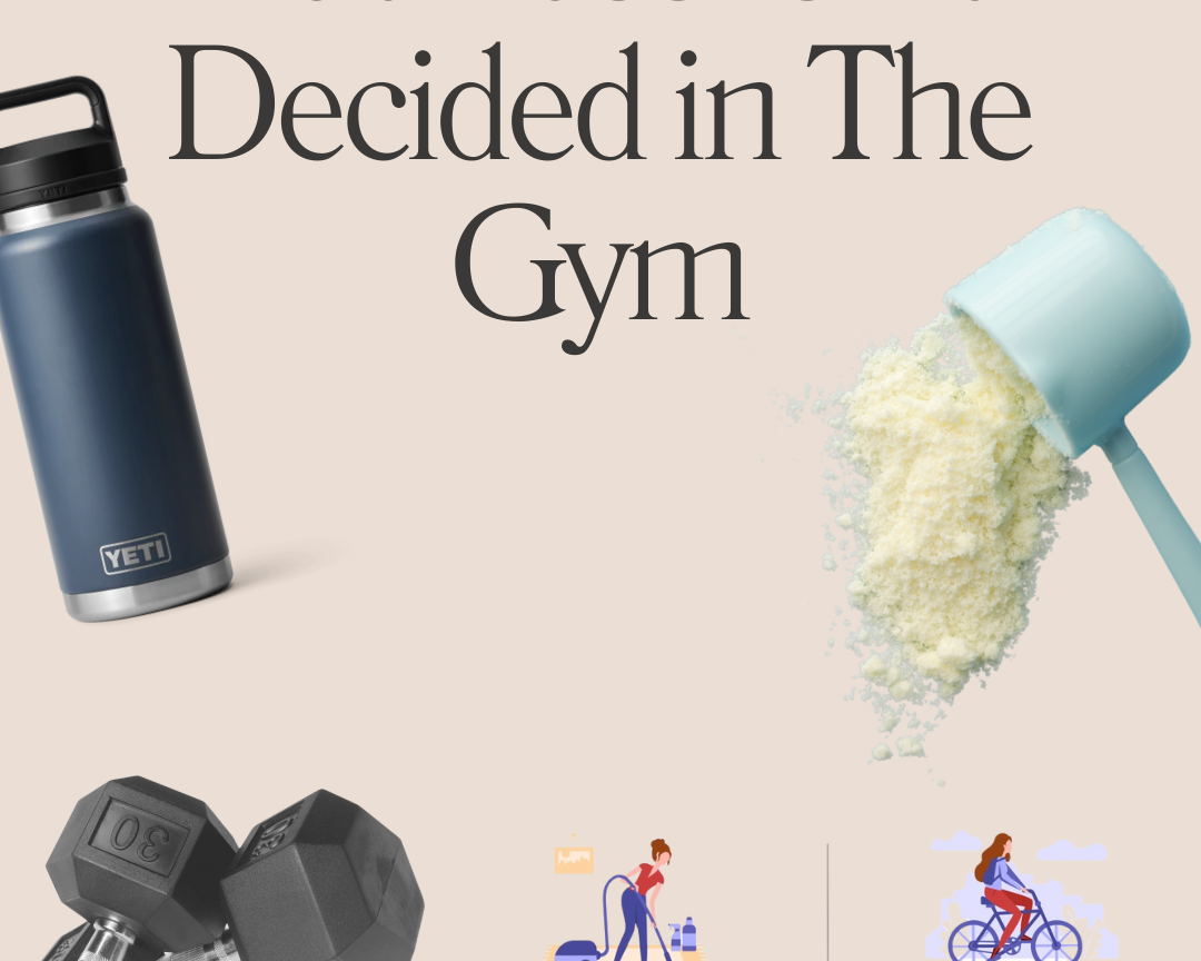 Graphic showing dumbbells, protein powder, a water bottle, and illustrations of everyday movement with the text ‘Fat Loss Isn’t Decided in the Gym.