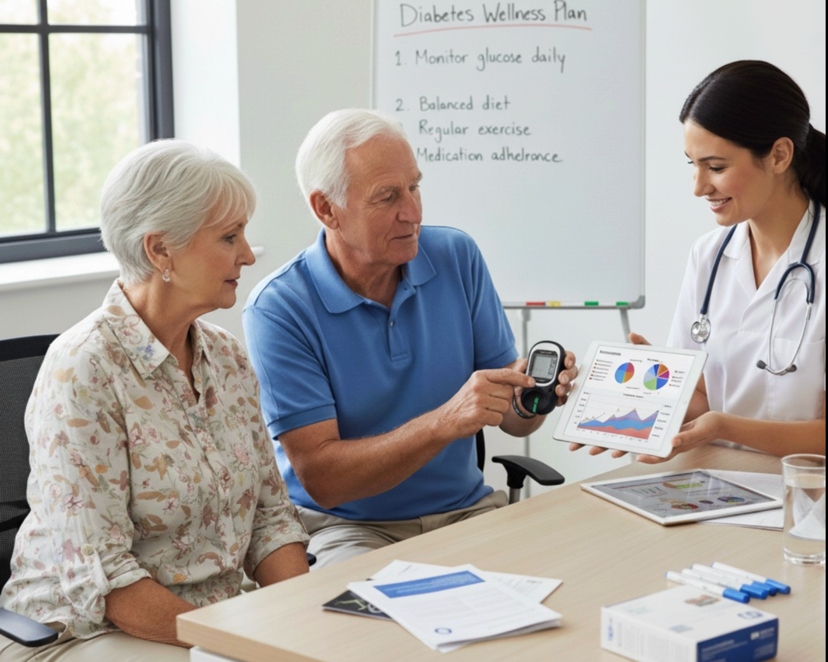 Dietitian reviewing blood glucose monitor results with patient during diabetes nutrition consultation
