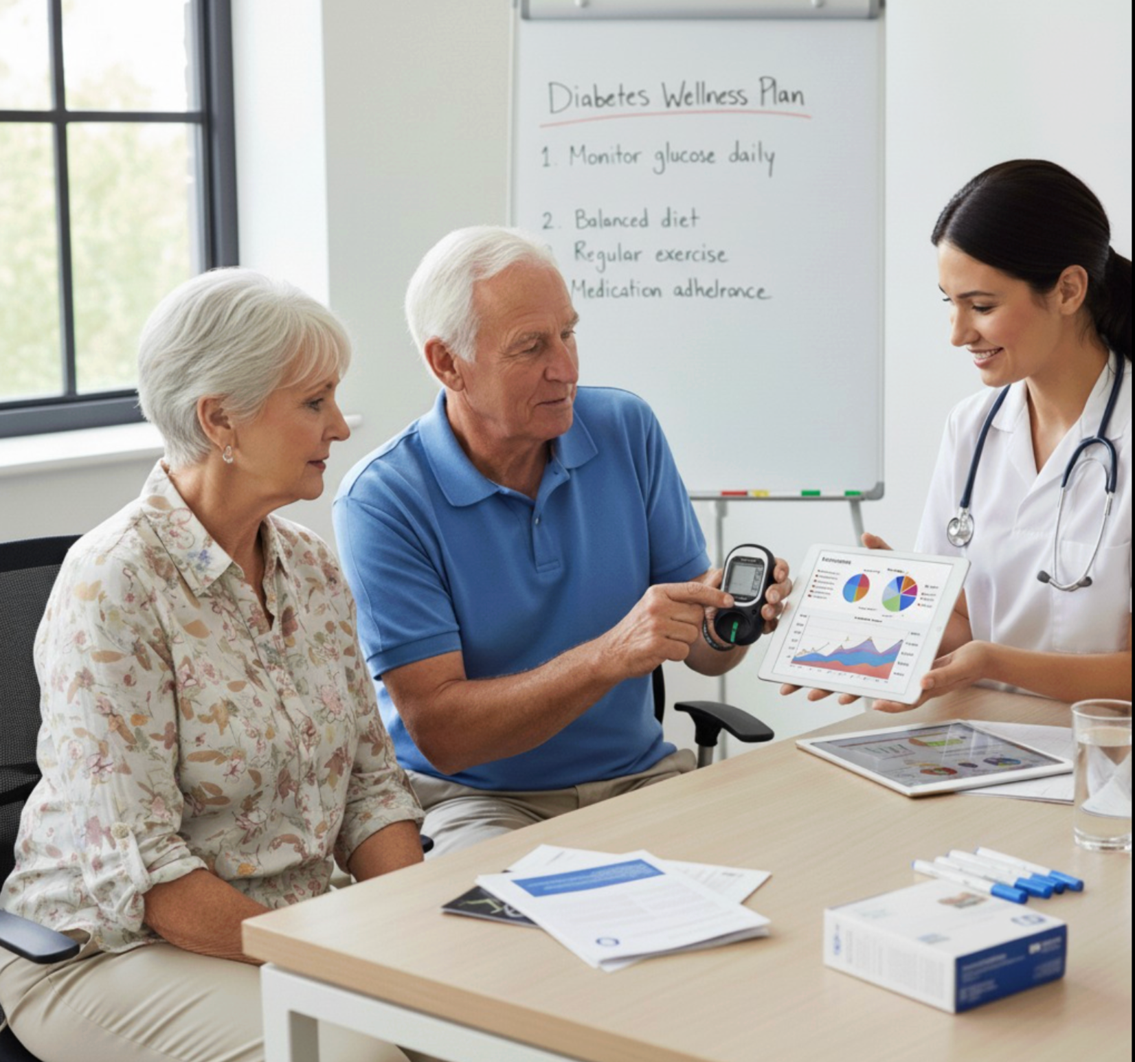 Dietitian reviewing blood glucose monitor results with patient during diabetes nutrition consultation