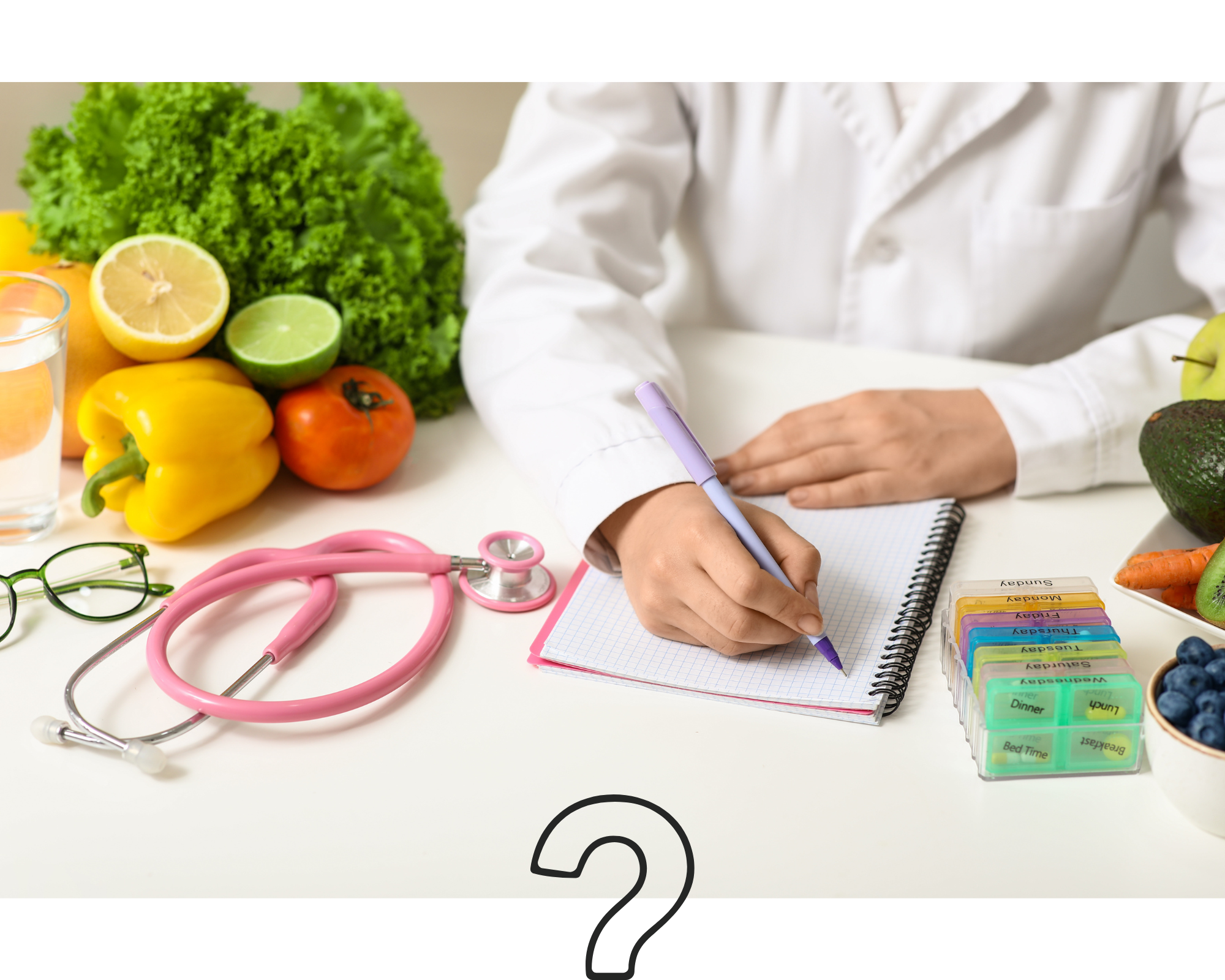 Dietitian writing personalised nutrition plan in clinic with fresh vegetables and stethoscope on desk