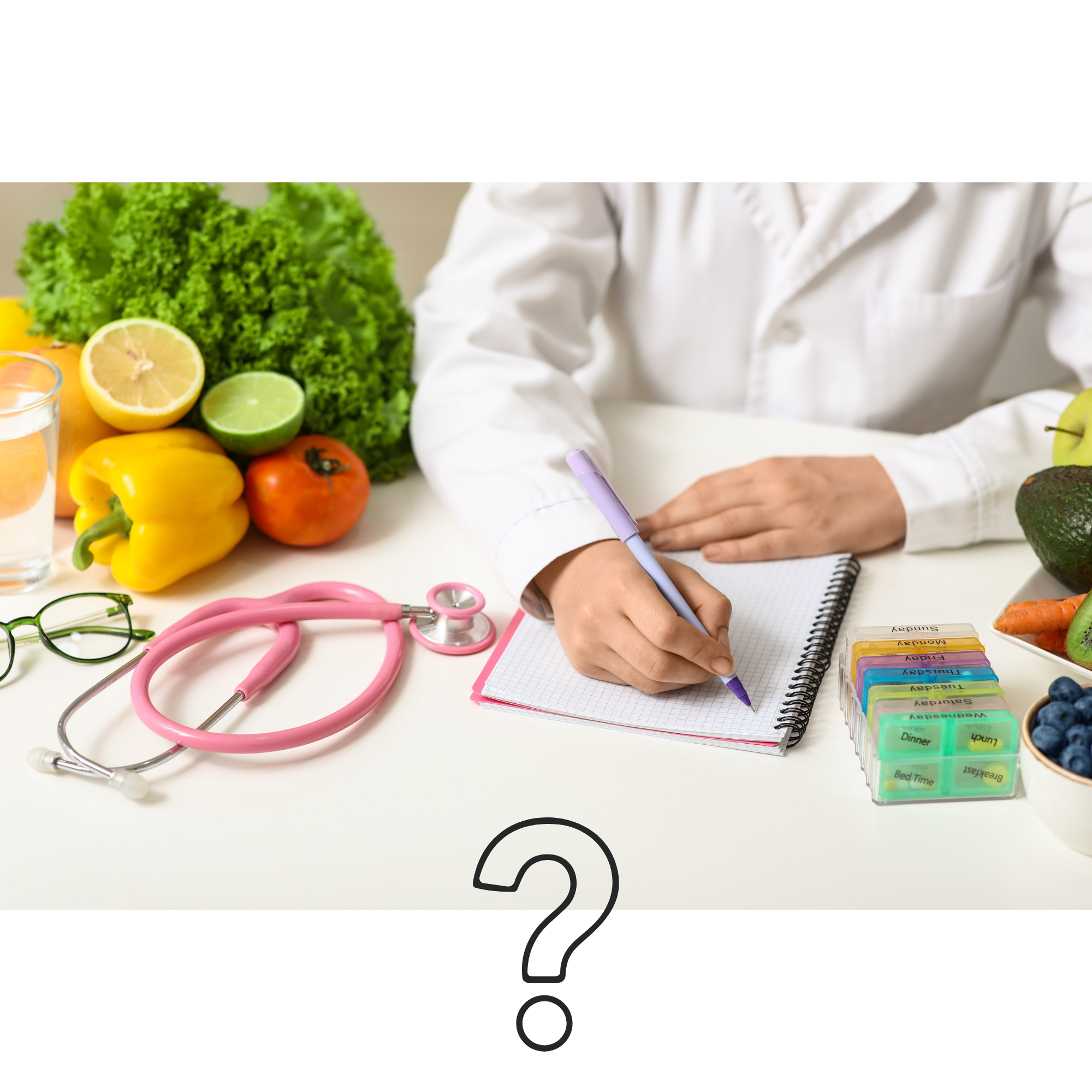 Dietitian writing personalised nutrition plan in clinic with fresh vegetables and stethoscope on desk