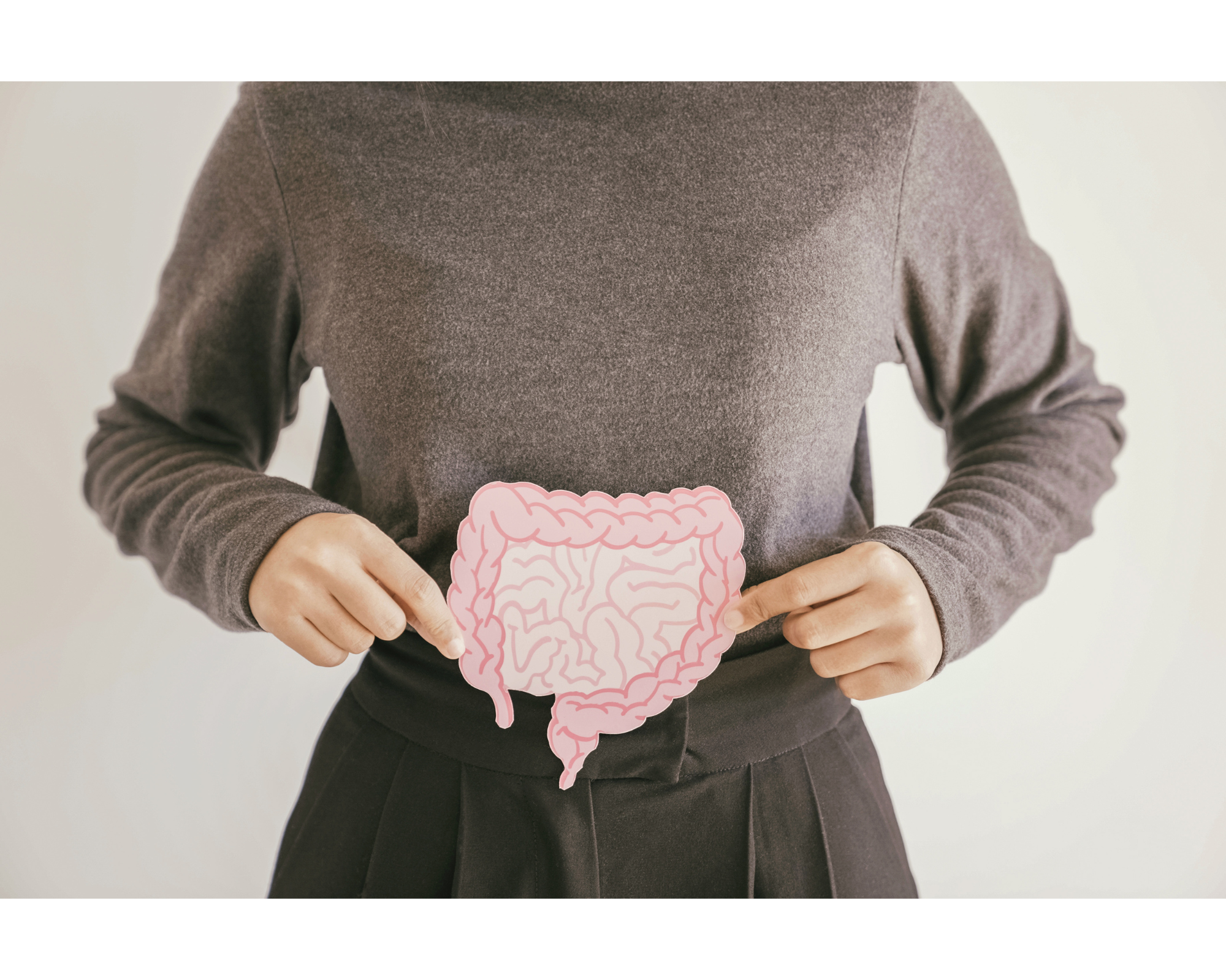 Person holding illustrated gut graphic over abdomen to represent gut health and digestion