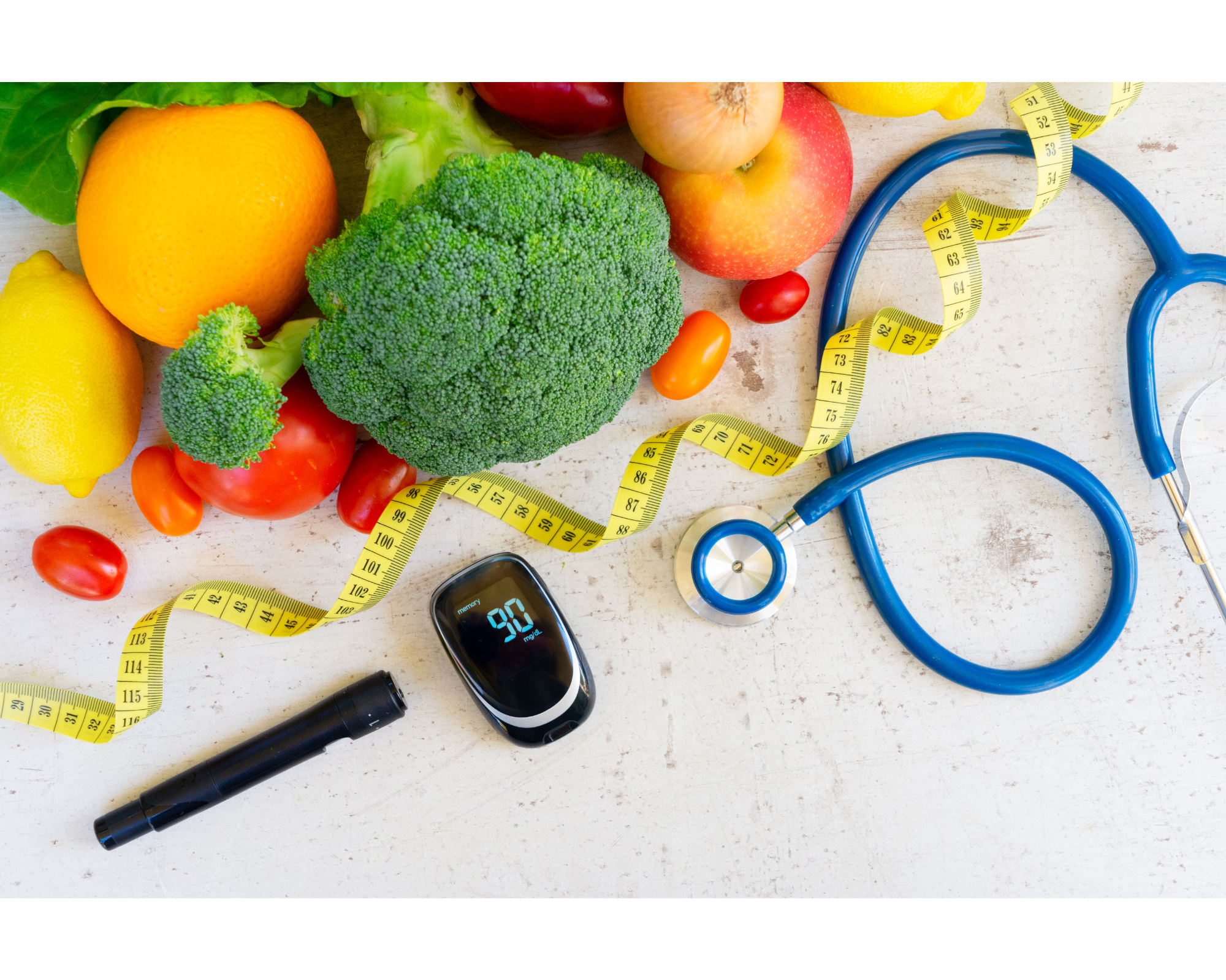 Healthy foods with glucose monitor and measuring tape representing prediabetes management and blood sugar control