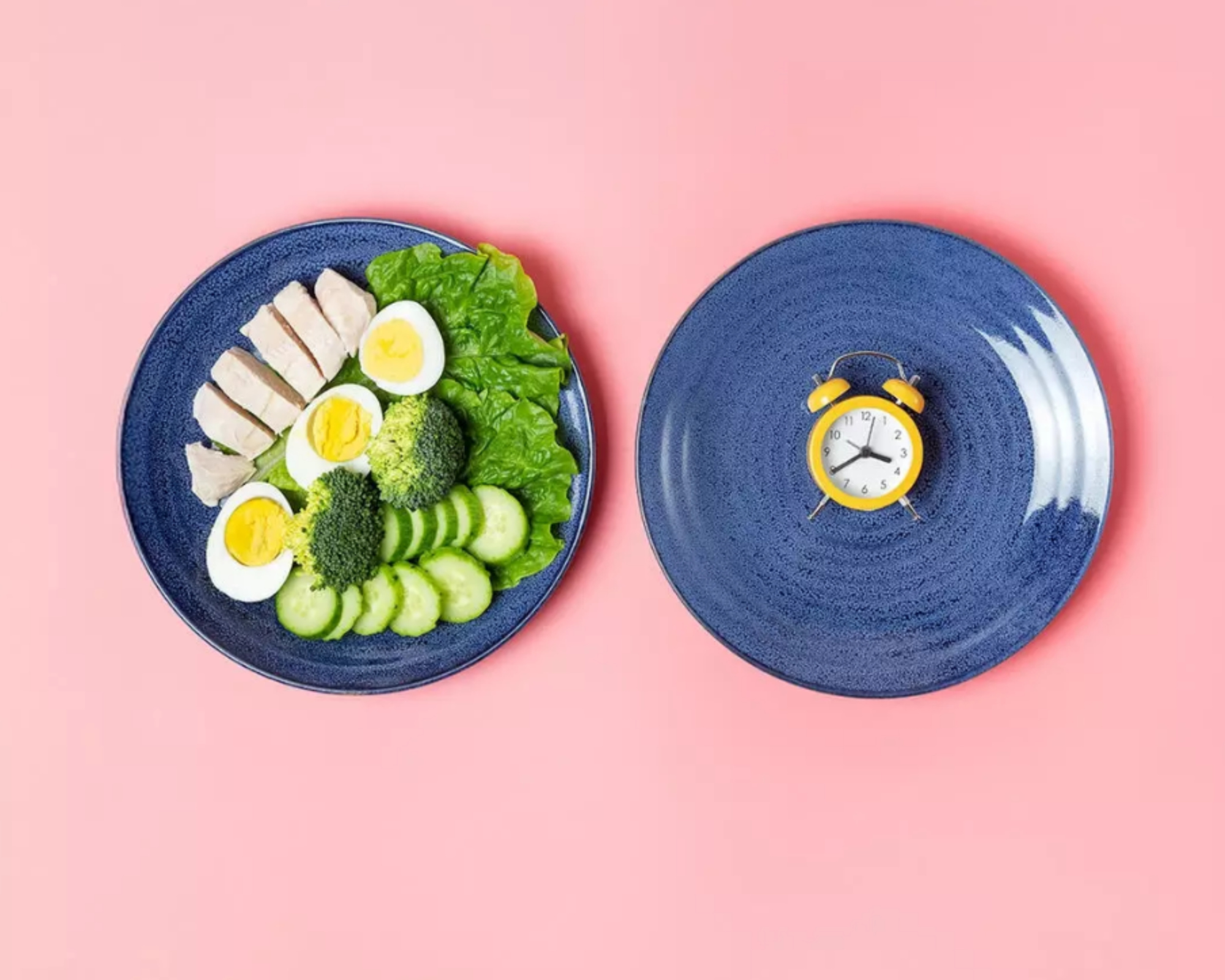 Plate with healthy food next to empty plate with clock representing intermittent fasting and eating window