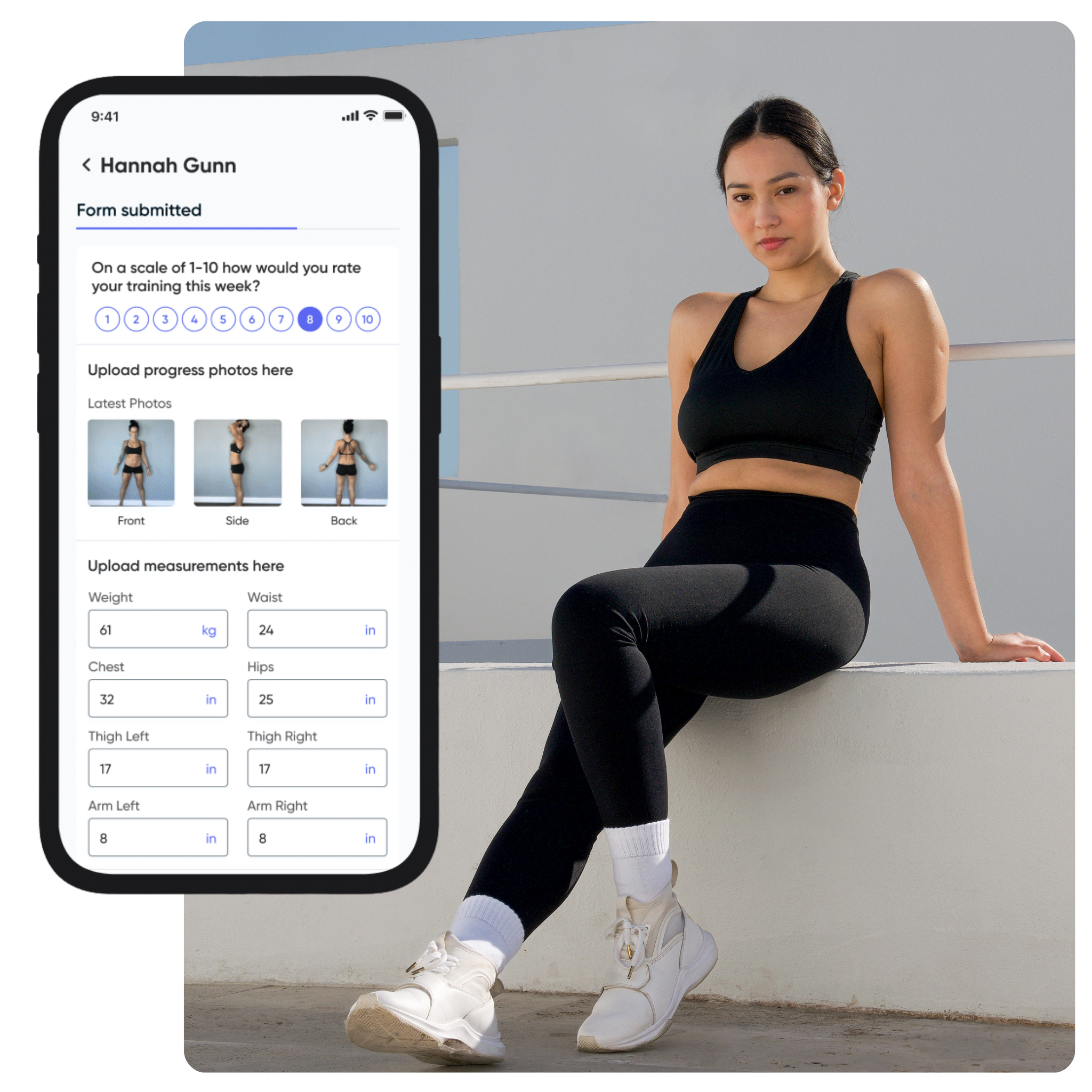 A woman in a black sports bra and black leggings sits on a concrete ledge next to a smartphone displaying a fitness tracking app interface.