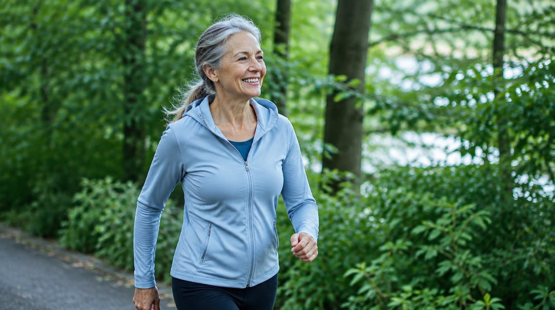 A smiling senior woman jogging on a paved path in a lush green park, wearing a light blue zip-up athletic hoodie and black leggings.